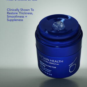 ZO Skin Health Growth Factor Serum results graphic showing manufacturer-supported visible improvements in skin thickness, smoothness, and suppleness