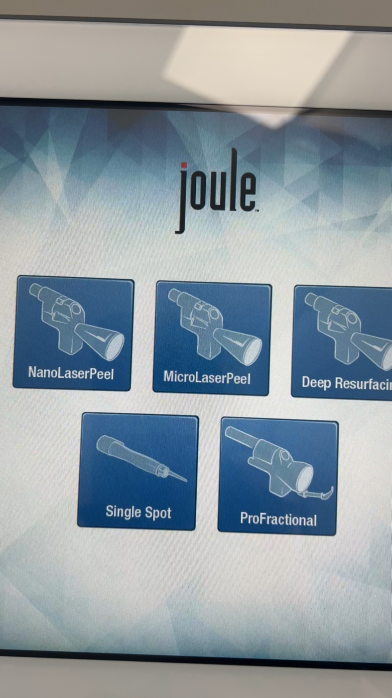 Sciton Joule resurfacing menu showing NanoLaserPeel, MicroLaserPeel and deeper resurfacing options