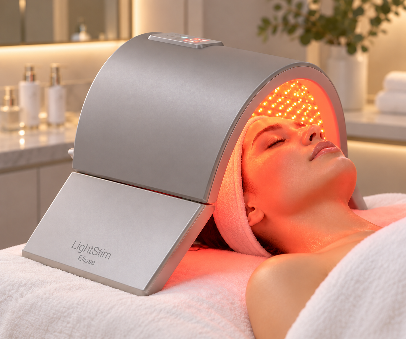 Client resting beneath a LightStim Elipsa for red LED light therapy device during a facial treatment